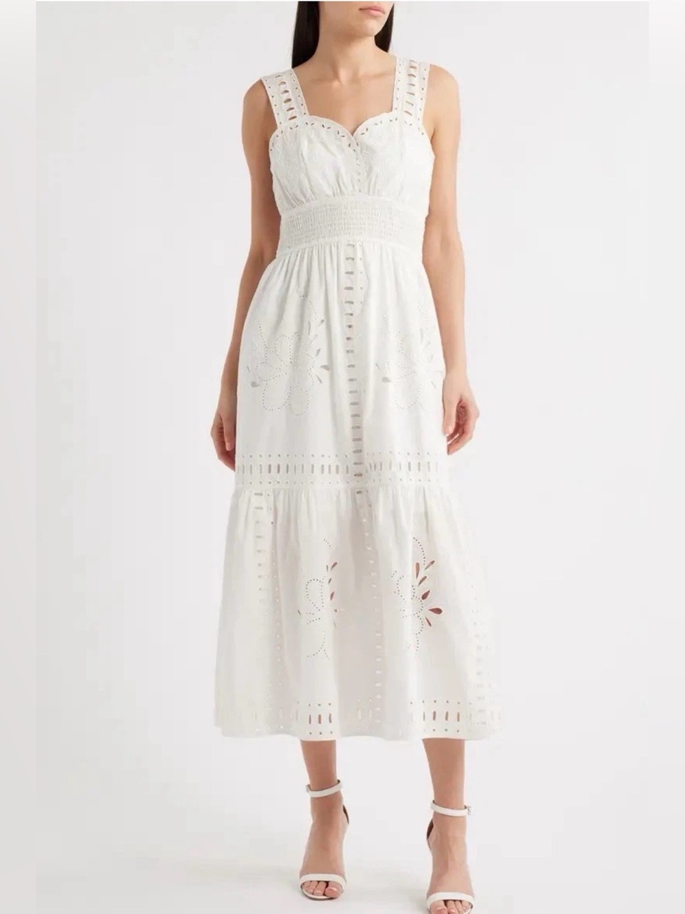 Rails Womens Large White Fawn Eyelet Embroidered Smocked Waist Sundress NWT